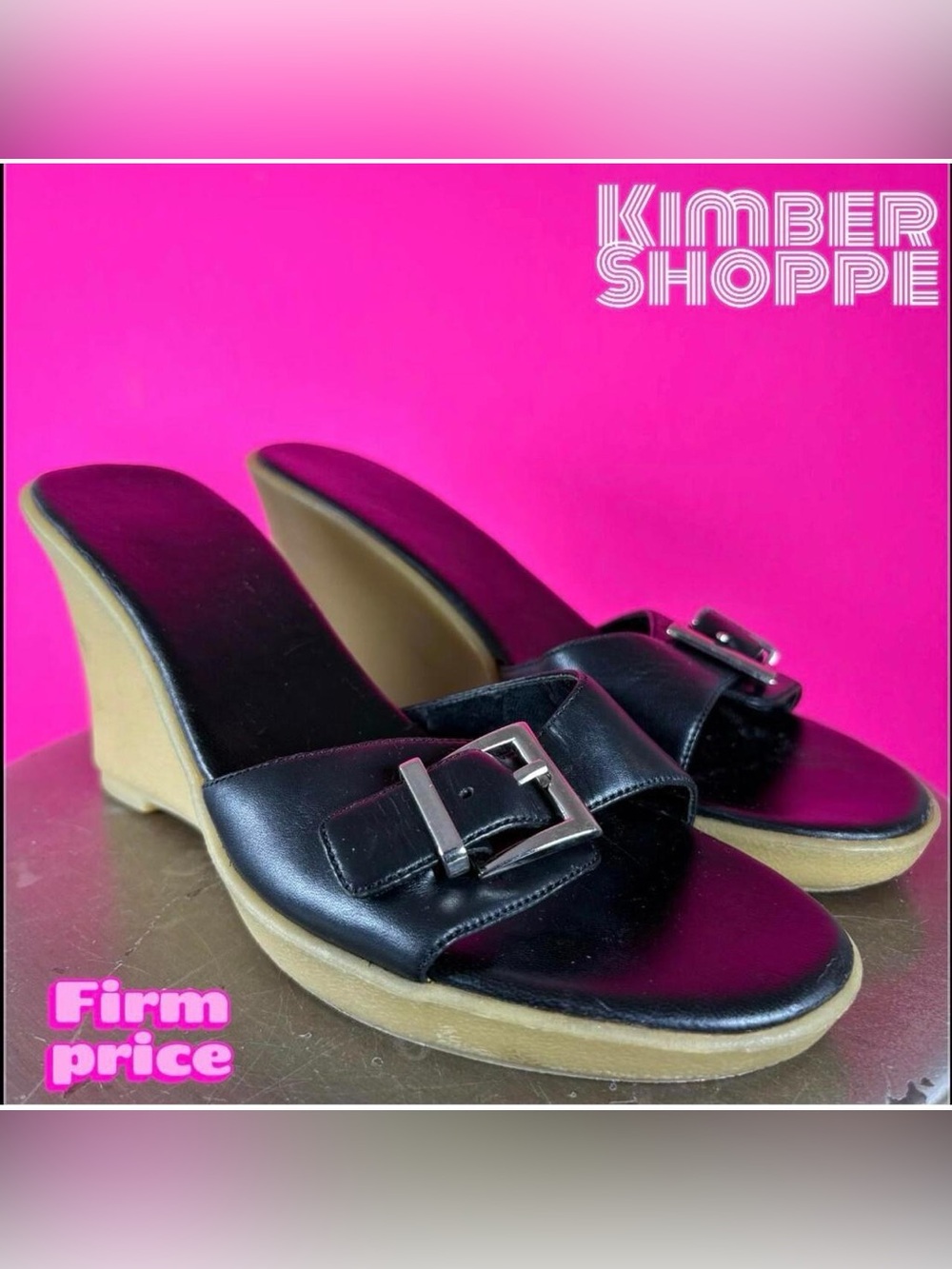 Parade Black Leather Buckle Strap Open Toe Rubber Wedge Mule Sandal US 8